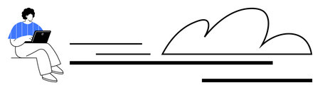 Person sitting with laptop, cloud icon, dynamic motion lines suggesting speed, technology, and connectivity. Ideal for remote work, cloud computing, data transfer, technology efficiency internetのイラスト素材
