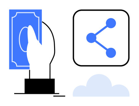 Hand holding currency bill, share icon with nodes, and cloud beneath. Ideal for finance, technology, connectivity, digital wallets, online sharing, fintech simple landing pageのイラスト素材