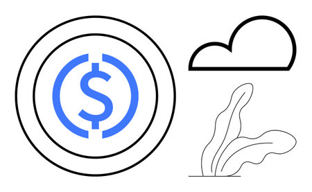 Central dollar sign within circles beside a cloud and abstract plant. Ideal for finance, savings, innovation, environment, sustainability, economy, and growth. A clean simple flat metaphorのイラスト素材
