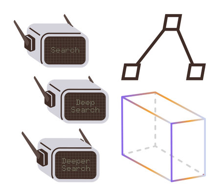 Three search devices labeled from basic to deeper search, connecting data nodes, and a 3D cube outline. Ideal for AI, technology, progress, innovation, automation, computation simple flat metaphorのイラスト素材