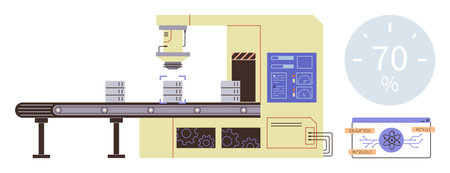 Manufacturing conveyor with robotic inspection arm, control interface, and product testing display....