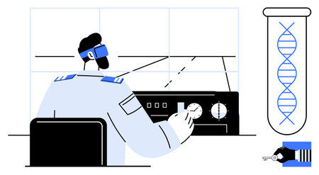 Scientist at control panel, test tube showing DNA strand, robotic hand with DNA sequencing. Ideal for science, innovation, biotech, research, DNA technology laboratory. A simple flat metaphorのイラスト素材