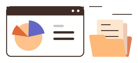 Browser window displays a pie chart and bar visuals next to an open folder with documents. Ideal for data analysis, file organization, digital archiving, project management, financial reports, officeのイラスト素材