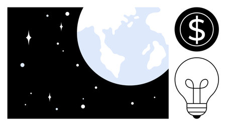 Planet Earth amidst stars, dollar icon, and lightbulb symbolizing global economy, technology, creativity, sustainability, innovation, progress and growth concepts. Ideal for financial tech and ecoのイラスト素材