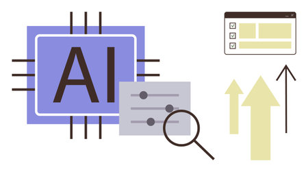 Microchip with AI, magnifying glass over settings, checklist, and upward arrows. Ideal for technology, data, innovation, business growth machine learning workflow and automation. Simple flatのイラスト素材