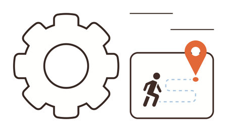 Large gear symbol beside map with dotted path, runner icon, and location pin. Ideal for workflow, process management, navigation, strategy, planning journey and optimization. Simple flat metaphorのイラスト素材