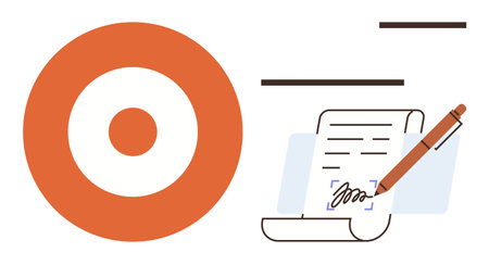 Orange target with concentric circles alongside contract being signed with pen. Ideal for business, success, teamwork, agreements, goals, decision-making, and planning. Clean simple flat metaphorのイラスト素材