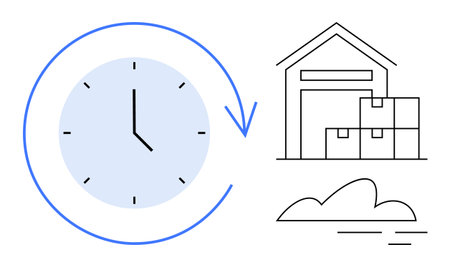 Clock with circular arrow signifies time efficiency warehouse with boxes suggests storage and logistics. Ideal for time management, inventory, logistics, productivity, planning, delivery, supplyのイラスト素材