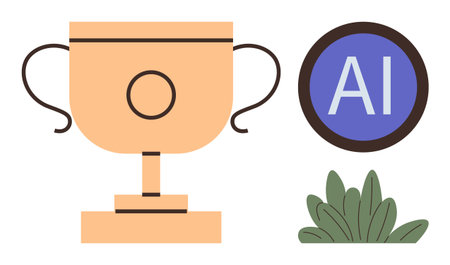 Trophy signifying success, AI badge illustrating technology, and greenery symbolizing growth. Ideal for technology, business, innovation, competition, achievement success leadership. Simple flatのイラスト素材