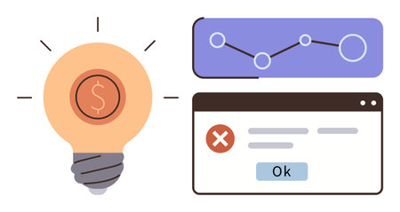 Lightbulb with dollar sign representing financial ideas, line graph for analytics, and error message interface. Ideal for business strategy, fintech, problem-solving, entrepreneurship, innovationのイラスト素材