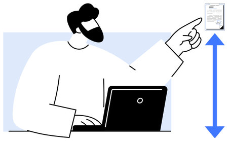 Male figure with laptop gestures towards a vertical document scroll and movement arrow. Ideal for workflow, review process, feedback, approval, navigation, productivity, simple flat metaphorのイラスト素材