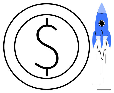 Dollar coin beside a blue rocket launching upward, symbolizing profit, investment, innovation, progress, success, wealth growth. Ideal for startups, finance business investment entrepreneurshipのイラスト素材