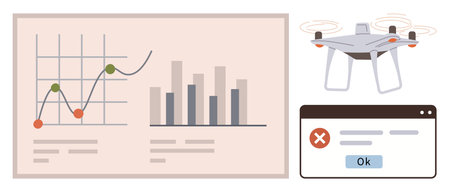 Line and bar charts indicating data trends, drone with spinning rotors, error message on browser window. Ideal for technology, analytics, innovation, remote solutions, AI, troubleshooting simpleのイラスト素材