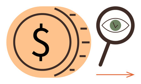 Large coin with dollar sign and magnifying glass displaying an eye. Arrow indicates forward motion. Ideal for finance, investment, auditing, money management, business growth, transparencyのイラスト素材