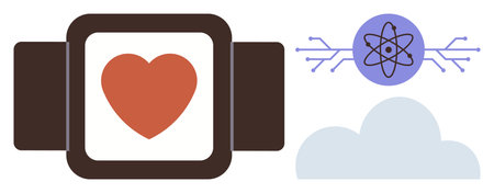 Smartwatch with heart icon, atom with circuit links, and cloud. Ideal for technology, health, science, connectivity, innovation data analysis fitness applications. Clever simple flat metaphorのイラスト素材