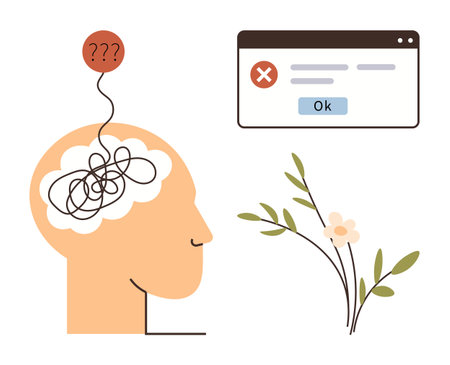 Human silhouette with tangled thoughts and question marks, error message window with Ok button, flowers and leaves. Ideal for mental health, problem-solving, mindfulness, confusion, stressのイラスト素材