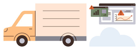 Delivery truck with digital analytics and warning icons indicating security issues. Ideal for logistics, transportation, cybersecurity, supply chain, risk management, e-commerce, and cloud dataのイラスト素材