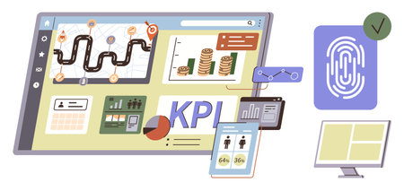 Data dashboard displaying KPI metrics, charts, workflow navigation, and financial stats. Includes fingerprint ID, mobile access, and scalability tools. Ideal for analytics, planning securityのイラスト素材