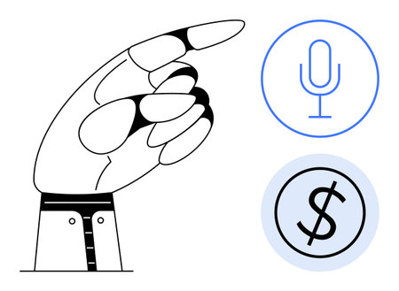 Outlined hand gesturing toward a microphone and dollar icon, conveying communication, economy, and control. Ideal for technology, AI, finance, decisions commands innovation user interaction. Cleanのイラスト素材
