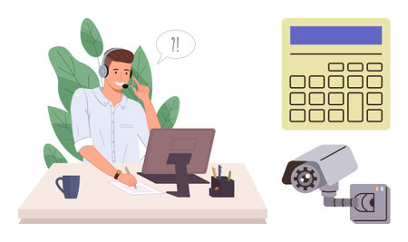 Professional customer support specialist taking calls at desk with headset, computer, and office tools. Calculator and surveillance camera highlight security, monitoring, efficiency, technologyのイラスト素材