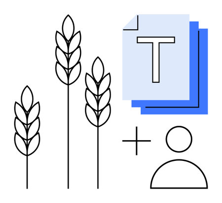 Wheat stalks and user icon combined with layered document visuals. Ideal for agriculture, content writing, eco-projects, rural development, sustainability, farming, simple landing pageのイラスト素材