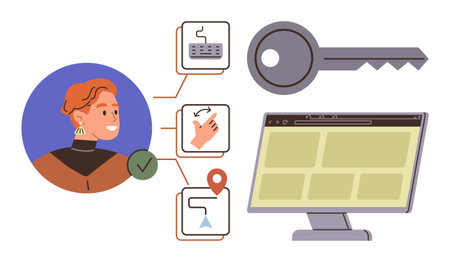 Person interacting with verification steps, including biometrics, authentication key, location check, and secure online access. Ideal for security, privacy, technology, data protection UXのイラスト素材