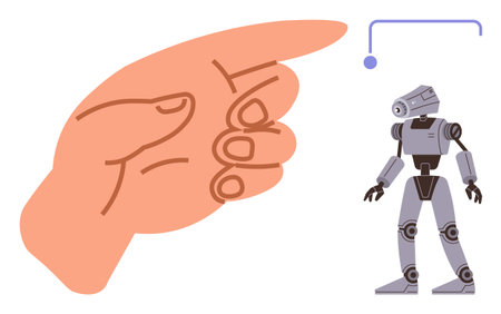 Hand gestures toward a robot, indicating human control, AI interaction, and human-technology relationship. Ideal for innovation, automation, robotics, technology, AI programmingのイラスト素材