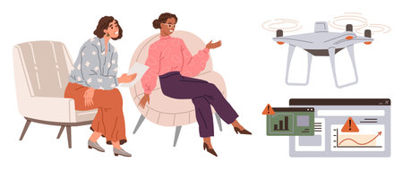 Two women seated and conversing, highlighting data analysis on screens and a visible drone. Ideal for teamwork, technology, innovation, data management, business planning, problem-solvingのイラスト素材