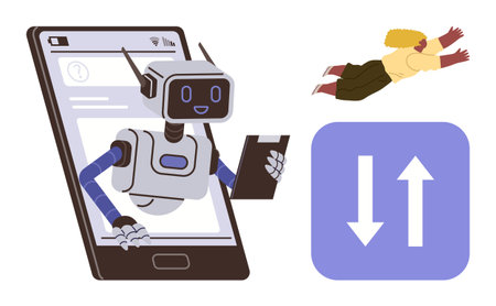 Robot with clipboard emerging from smartphone screen, person flying above, data transfer arrows. Ideal for AI, automation, innovation, technology, digital tools communication teamwork. Simple flatのイラスト素材
