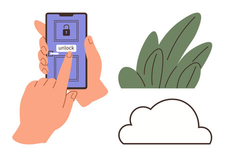 Person tapping unlock button on smartphone, alongside cloud and leaves. Ideal for technology, nature, cloud storage, security, access, digital innovation eco-tech. A simple flat metaphorのイラスト素材