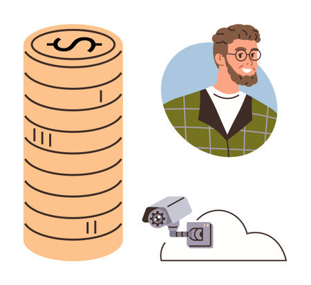 Stack of coins, a person s avatar, and a security camera connected to a cloud illustrate data privacy, security costs, surveillance, and digital identity. Ideal for finance, technology, data privacyのイラスト素材