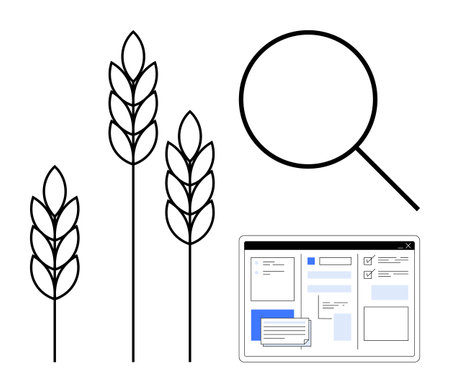 Wheat stalks with a magnifying glass and a computer screen displaying data. Ideal for agriculture, research, farming, analysis, technology, innovation, development. Clean simple flat metaphorのイラスト素材