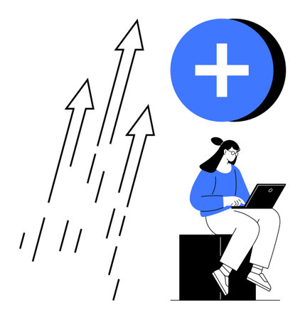 Professional woman using a laptop as multiple arrows rise upward alongside a bold circular plus. Ideal for growth, productivity, success, innovation, progress, technology, achievement. Simple flatのイラスト素材