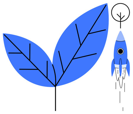 Rocket launching upward next to an abstract blue leaf with tree-thumbs up veins. Ideal for innovation, sustainability, growth, technology, eco-friendly solutions, progress, creative thinking. Simpleのイラスト素材
