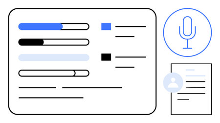 Progress bars, text lists, microphone icon, and document graphic with user profile. Ideal for technology, data, productivity, communication analysis digital tools organization. Simple flatのイラスト素材