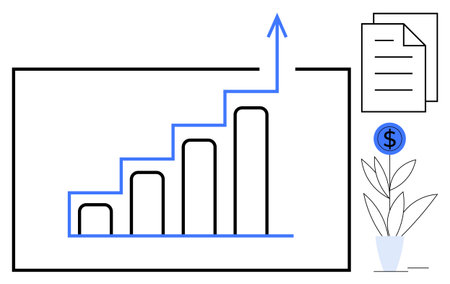 Bar chart with upward arrow showing growth, balanced with documents, dollar coin, and plant. Ideal...