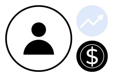 User silhouette in bold black circle, upward arrow graph, and dollar sign. Ideal for finance,...