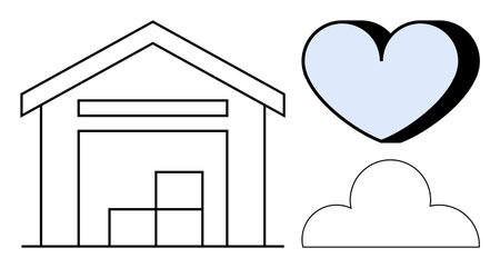 Warehouse loaded with boxes, adjacent heart, and cloud. Ideal for logistics, storage, delivery, customer service, cloud computing healthcare connection. Minimalist flat metaphorのイラスト素材