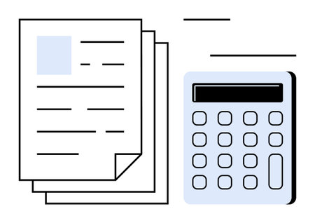 Stacked papers beside a calculator, suggesting finance, accounting, or budgeting. Ideal for business, education, analysis, finance management taxes office tools and organization. Clean simpleのイラスト素材