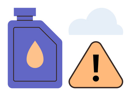 Oil container next to a warning triangle below a cloud. Ideal for energy awareness, safety, pollution, hazardous material alert, eco-protection, industry risks, simple flat metaphorのイラスト素材