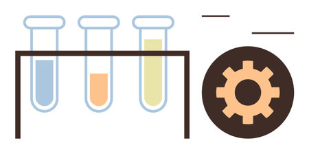 Test tubes with colored liquids in a rack next to a gear icon symbolizing innovation, research, and industrial processes. Ideal for science, chemistry, innovation, automation, research, educationのイラスト素材