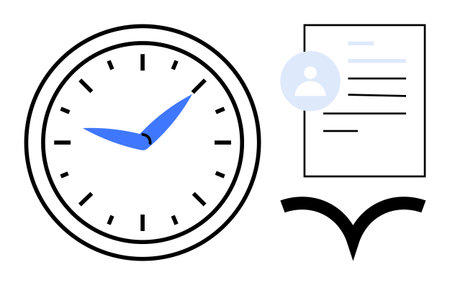 Large clock, document with user icon, and curved arrow suggest scheduling, task tracking, and workflow automation. Ideal for productivity, planning, deadlines, organization efficiency time-savingのイラスト素材