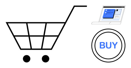 Minimalist shopping cart, laptop with online store, and buy button represent e-commerce, online shopping, retail technology, digital transactions, marketing, consumerism, simple flat metaphorのイラスト素材
