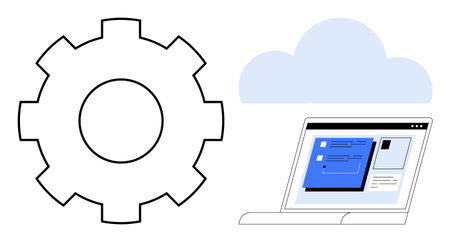 Gear symbol beside a laptop displaying digital content, set near a cloud shape. Ideal for...