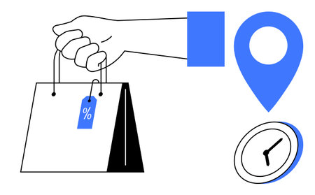 Hand carrying shopping bag with discount tag, blue location pin, and clock signifying shopping, delivery, retail, navigation, e-commerce, sales and time management. Ideal for online shoppingのイラスト素材