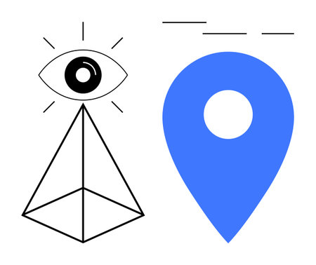 Pyramid topped with a single eye radiating light next to a blue location pin. Ideal for navigation, insight, vision, strategy, discovery, focus, user interface, simple flat metaphorのイラスト素材