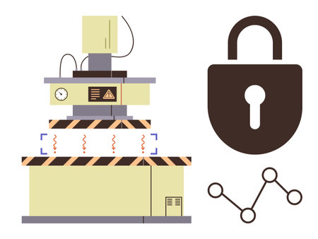 Industrial equipment with protective warning signs, security padlock symbol, and network linkage visuals. Ideal for cybersecurity, industrial safety, technology, innovation, data security, riskのイラスト素材