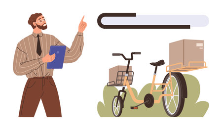 Man with clipboard pointing at cargo bike holding packages, aligned with a progress bar. Ideal for logistics, delivery service, e-commerce, time management, sustainability, shipping teamwork. Aのイラスト素材