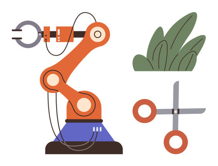 Robotic arm with mechanical gripper, scissors, and a bush, symbolizing automation in gardening. Ideal for innovation, technology, gardening, robotics automation sustainability efficiency. Cleanのイラスト素材