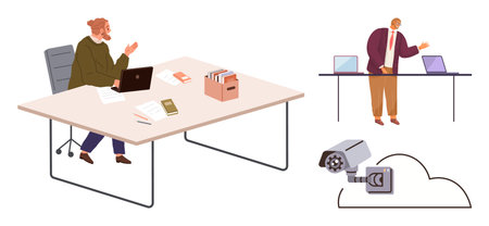 Office worker using laptop at desk, coworker presenting data on screen, and cloud storage with security camera integration. Ideal for teamwork, data, communication, technology, surveillance, cloudのイラスト素材